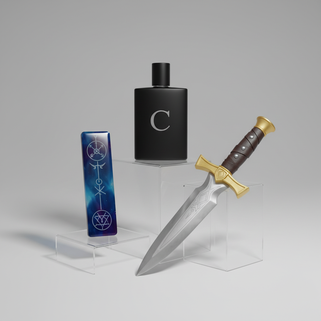 A clean, professional product showcase on a seamless light gray backdrop, featuring a collection of branded creator merchandise: a matte-finish perfume bottle with a minimalist logo, a high-gloss resin bookmark shaped like a fantasy sigil, and a sturdy cosplay prop dagger with metallic paint and faux-leather wrapped handle, all arranged on tiered acrylic risers. Soft studio lighting from both sides creates smooth gradients across the surfaces and gentle, controlled shadows behind each item. Shot at eye level with a slightly wide frame, the composition centers the products with generous negative space around them. The photographic realism, cool neutral tones, and meticulous styling convey a sophisticated, premium creator brand identity.