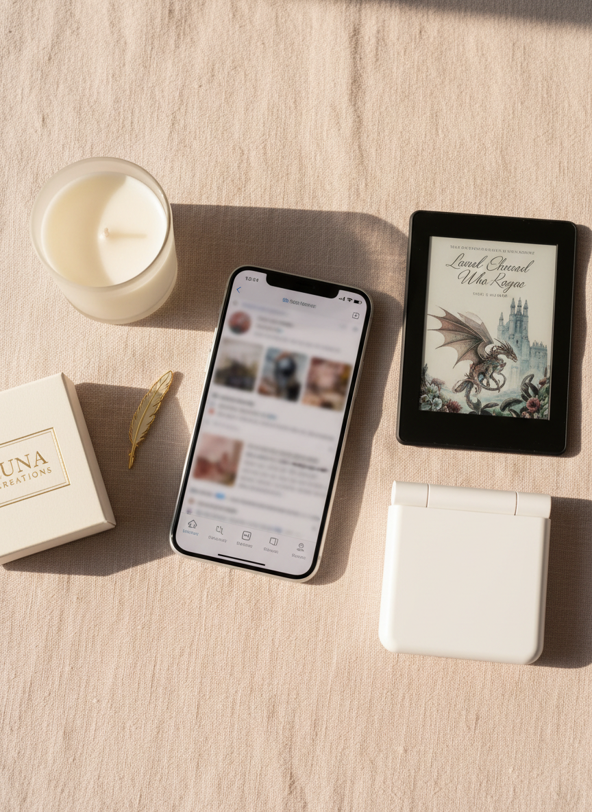 A lifestyle brand flat lay representing the influencer’s multi-faceted identity, arranged on pale blush linen fabric with subtle texture. At the center lies a polished smartphone displaying a blurred social media feed with muted, cohesive colors. Surrounding it are carefully placed items: a minimalist white candle in frosted glass, a slim e-reader with a fantasy book cover on screen, a compact ring light folded neatly, an enamel pin shaped like a quill, and a small branded box containing an unseen product. Gentle morning window light washes across the scene from the top right, creating soft highlights on glass and metal and barely-there shadows along fabric folds. Shot from above with photographic realism and lots of airy negative space, the mood is calm, aspirational, and organized, ideal for a professional creator brand.