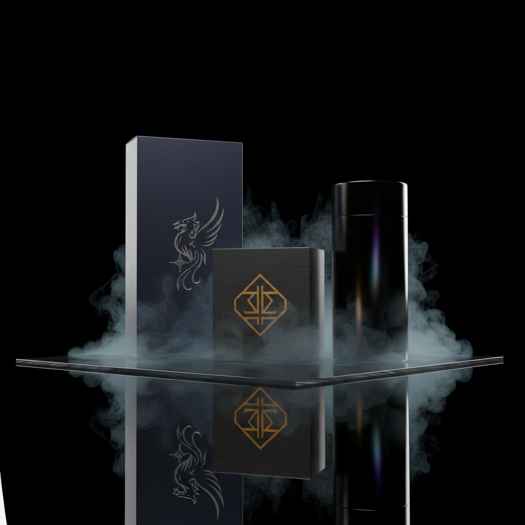 A stylized packaging design scene on a reflective black acrylic surface, featuring a coordinated line of creator-branded boxes and containers: a tall rectangular box with an embossed sigil, a smaller square box with a foil-stamped logo, and a cylindrical container with a subtle holographic pattern that shifts between violet and silver. Thin wisps of artificial mist curl around the bases, adding a mysterious, fantasy-infused touch. Focused studio spotlights from the sides and above create crisp reflections on the surface and sharp, dramatic highlights on edges, while the background falls into deep, velvety black. Captured at a low, three-quarter angle with tight framing and photographic realism, the image feels luxurious, bold, and distinctively on-brand for a creator blending fantasy aesthetics with professional product design.
