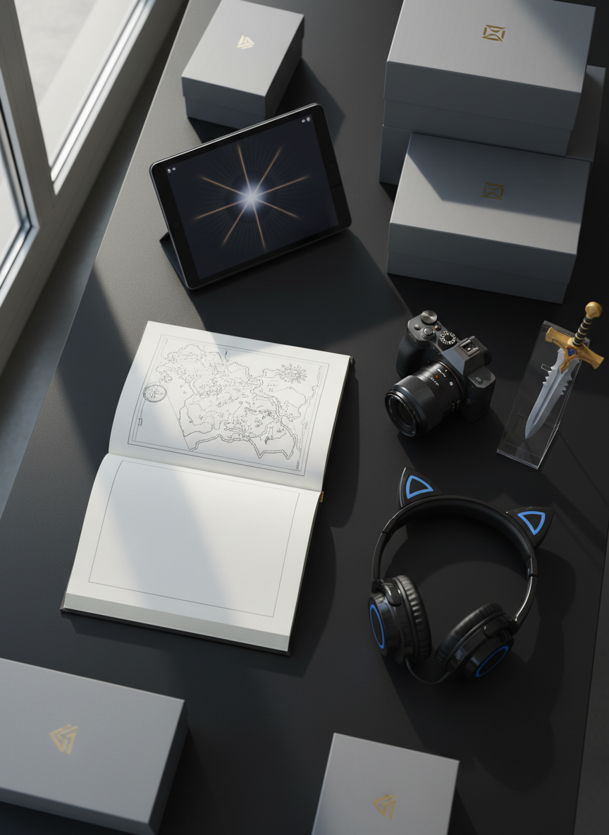 A meticulously arranged flat lay of a creator’s workspace on a matte black desk, featuring an open hardback book with crisp cream pages, a sleek mirrorless camera with a metal body and textured grip, and a pair of glossy cat-ear cosplay headphones resting beside a small acrylic stand displaying a miniature fantasy sword. Around them, neatly stacked branded boxes and a tablet showing a blurred design interface hint at product creation. Soft, diffused daylight from the left creates gentle reflections on metallic surfaces and subtle shadows along the page edges. Shot from a perfectly overhead photographic angle with sharp focus and a minimalist, professional aesthetic, the mood feels polished, aspirational, and creatively driven, ideal for a modern influencer portfolio hero image.