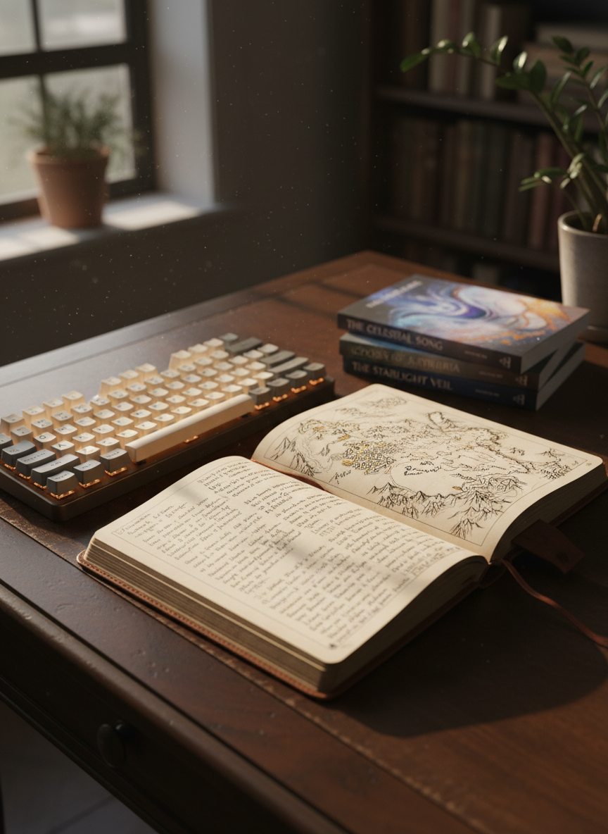 An elegant writing and worldbuilding corner highlighting the author side of the brand: a vintage-style mechanical keyboard with round keycaps and warm backlighting, paired with a leather-bound journal partially open to handwritten fantasy notes and a detailed map sketch. Beside them sits a small stack of custom-printed novella mockups with matte covers featuring abstract, ethereal artwork. The setting is a dark wood desk near a window, with late-afternoon natural light streaming in, catching the faint metallic ink on the map and casting long, cinematic shadows. Captured from a three-quarter angle with shallow depth of field, the foreground pages are razor sharp while the background softly blurs, creating a contemplative, professional atmosphere with photographic realism.